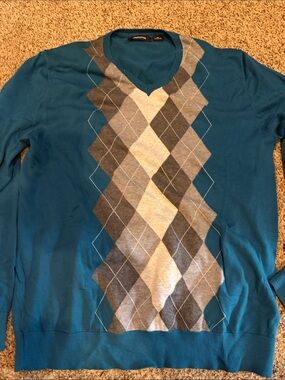 Claiborne Teal V-Neck Argyle Sweater